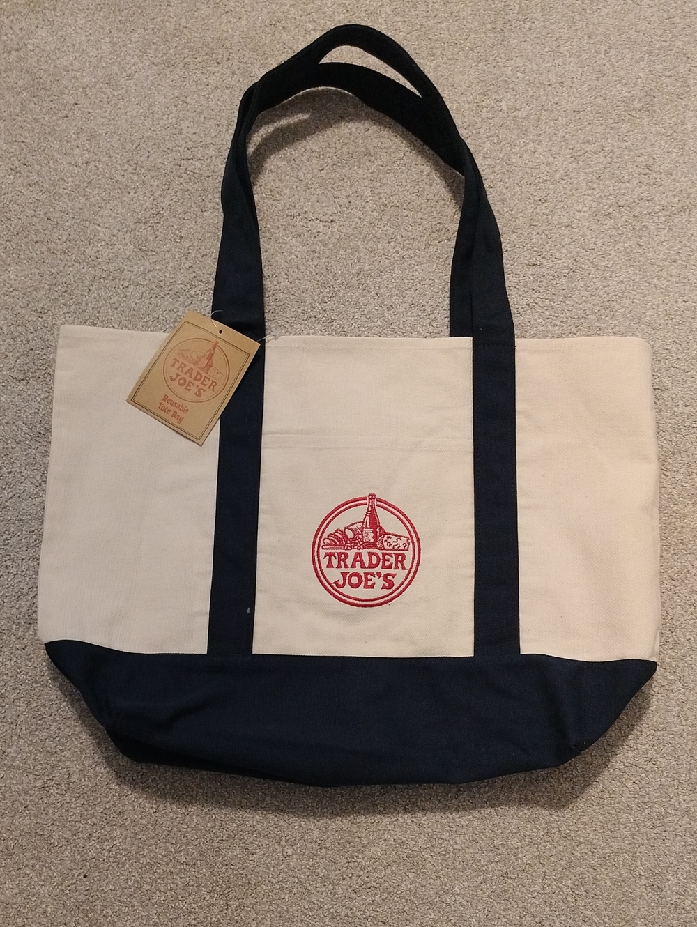 NWT Trader Joe's Large Canvas Tote Bag in Natural and Navy